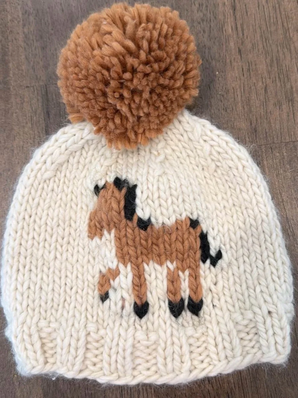 Cream Knit Pom Beanie with Brown Horse Motif - Toddler Accessories